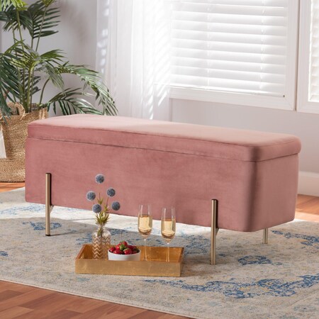 Baxton Studio Rockwell Glam and Luxe Blush Pink Velvet Upholstered and Gold Finished Metal Storage Bench 198-12211-ZORO
